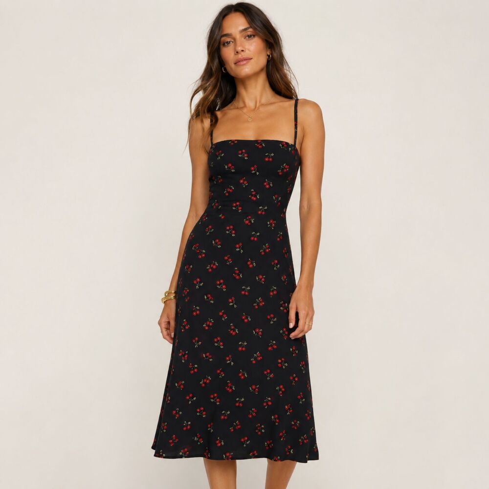 Reformation Afternoon Dress Black Cherry Print Smocked Midi Size 4
